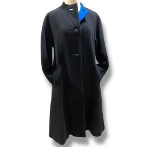 Size 12 A Trigere Coat Womens Black Blue Contrast Wool Classic 1980s
